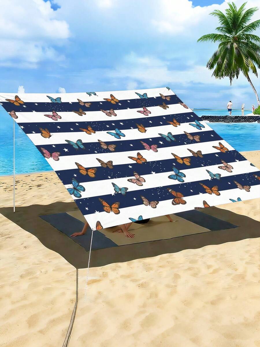 1PC Outdoor Sunshade Canopy With Colorful Checkered Pattern, Outdoor Patio Cover Can Block The Sunlight, Suitable For For Camping Beach Poolside Backyard Gardens Decoration, 2D Flat Printed Pattern, Come With Four Ropes And Nails, No Support Rod - Navy Blue - View 1