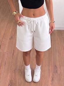 Women's Summer Casual Versatile 5-Point Pants, Elastic Waist Drawstring Loose Drape Lazy Wide Leg Mid-Length Shorts - White - View 3