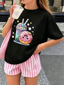 少女印花短袖T恤，学生及年轻女孩夏季休闲上衣 - 黑色 - 查看 1