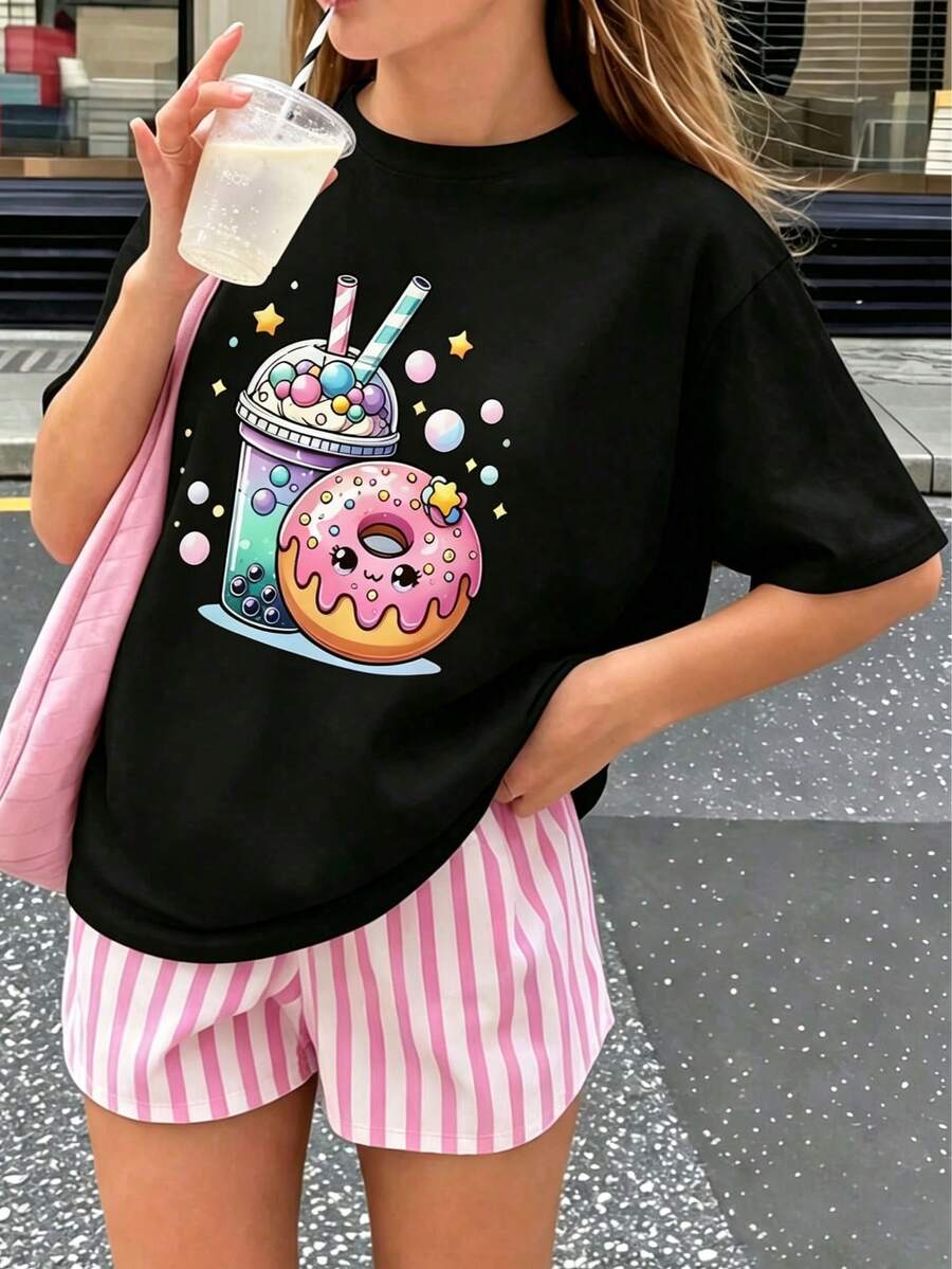 少女印花短袖T恤,学生及年轻女孩夏季休闲上衣 - 黑色 - 查看 1