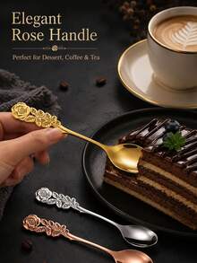 Customized 1pc Rose Handle Stainless Steel Spoon And Fork, Suitable For Personalized Dessert Tableware With Engraved Names, Elegant Flower Shaped Tableware, Suitable For Matching Wedding Gifts, Party Gifts, Coffee And Desserts. - Color - View 5