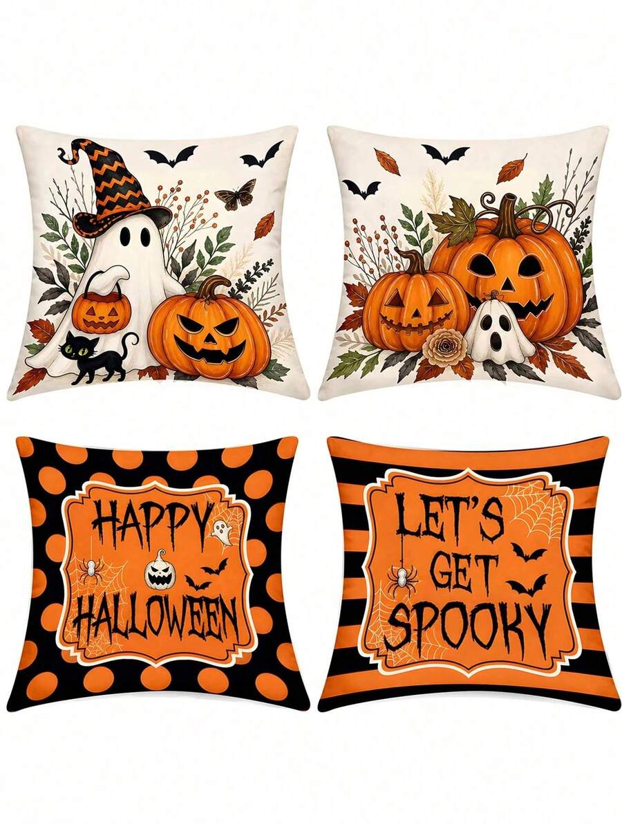 1pc Ghost Pumpkin Throw Pillow Covers Halloween,Cute Spooky Cartoon-Style Quilted Decorative Cushion Cover,17.72In,Halloween Pillowcase Decoration,For Living Room Bedroom,Room Decor,Bedroom Decor,Halloween Decor,Fall Decor(Pillow Insert Not Included)