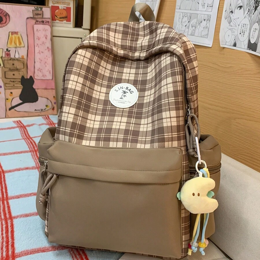 1 Piece Plaid Pattern Backpack With Large Storage Space For Middle And High School Girls And College Students For School And Travel - Brown - View 1