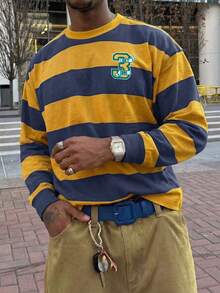 Men's American Vintage Colorblock Wide Stripe, Oversized Drop Shoulder Clean Fit Preppy Long Sleeve T-Shirt - Multicolor - View 2