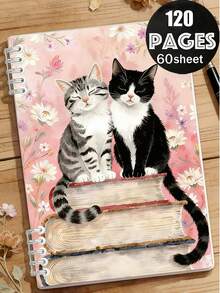 A5尺寸筆記本，櫻花樹與貓咪圖案，螺旋裝訂，適合記錄日常想法與提醒；適合學生、辦公室人員與專業人士，方便攜帶，適用於大學與辦公室使用，便攜且耐用，完美適用於日常筆記、辦公用品、學習用品、藝術項目與學習筆記，120頁，辦公用品 | 藝術封面 | 耐用封面，筆記本，返校季 - 多色 - 查看 1