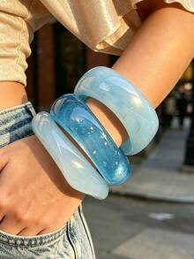 3/1pc Fresh Elegant Casual Style Blue Resin Asymmetrical Wide Cuff Bracelet, Suitable For Women's Daily Commute, Gatherings, Beach Vacation, Party Wear And Gifting - Blue - View 2
