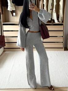 Grey Knit 2 Pieces Set, Cropped Button-Up Cardigan + Wide Leg Pants Slouchy Outfit Fall - Grey - View 7