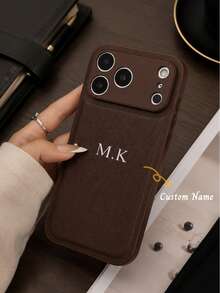 Customized Litchi Texture Leather Phone Case With Personalized Letter Name, Featuring Full Camera Protection And Anti-Fall Anti-Fingerprint Design, Korean Minimalist Retro Style Cover Compatible With Various Smartphone Models, Gift For Her - Chocolate Brown - View 1
