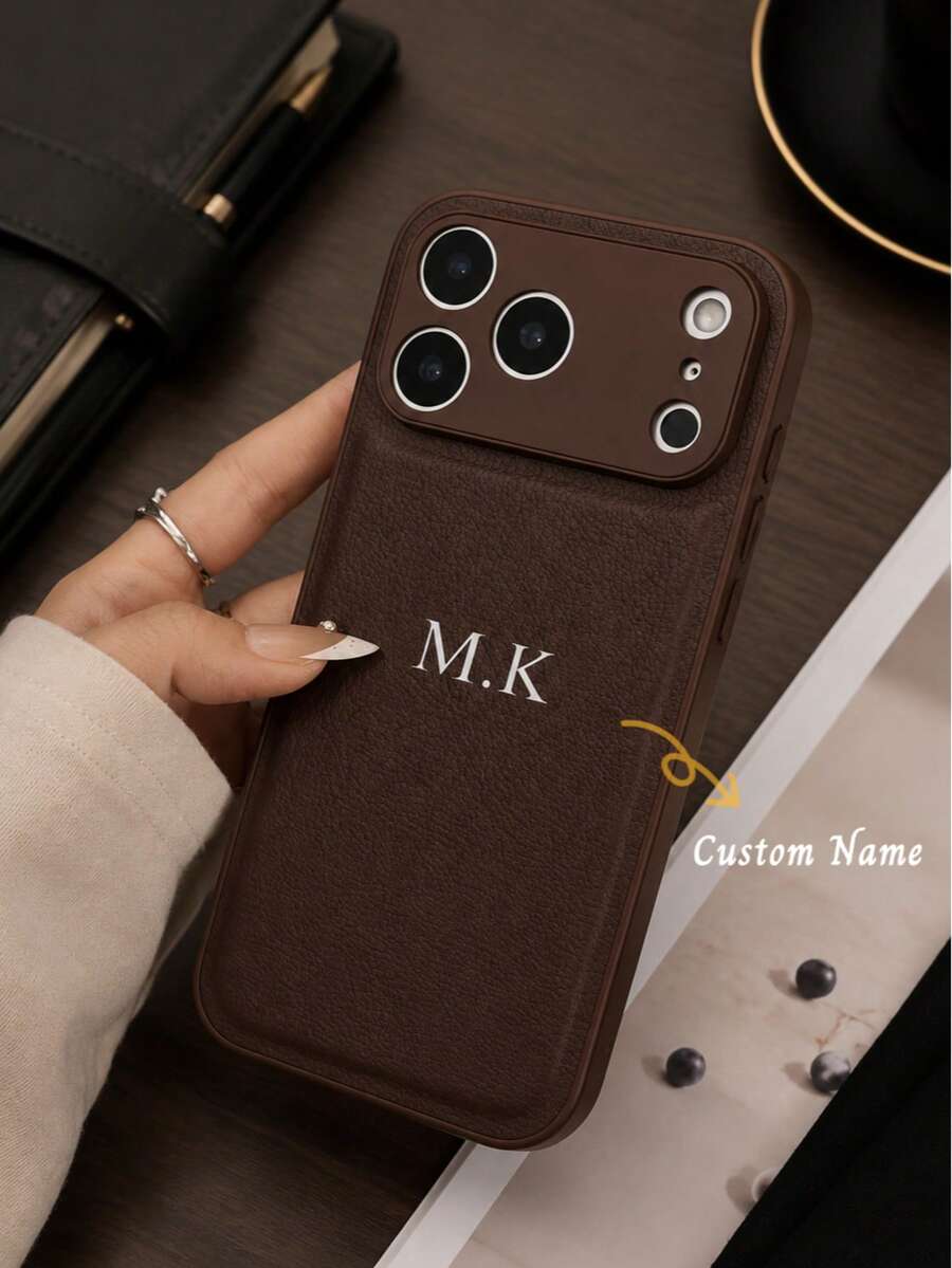 Customized Litchi Texture Leather Phone Case With Personalized Letter Name, Featuring Full Camera Protection And Anti-Fall Anti-Fingerprint Design, Korean Minimalist Retro Style Cover Compatible With Various Smartphone Models, Gift For Her - Chocolate Brown - View 1