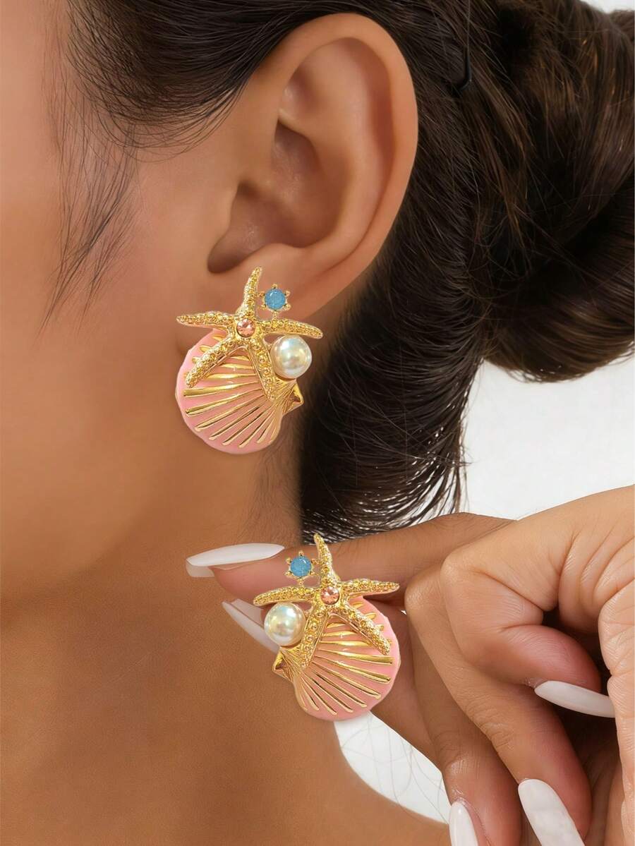 1 Pair Fashionable Luxury Beach Vacation Style Starfish Shell Shaped ...