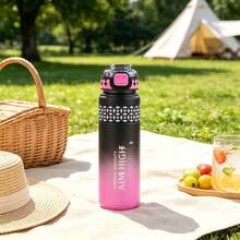 Gradient Frosted Sports Water Bottle, Push-Button Pop-Up Straw + Portable Strap, 1L Large Capacity Leak-Proof Travel Cup, Geometric Print Highly Attractive Water Bottle, Suitable For Outdoor Camping, Hiking, Office, Daily Use, 4 Gradient Colors Available - Multicolor - View 4