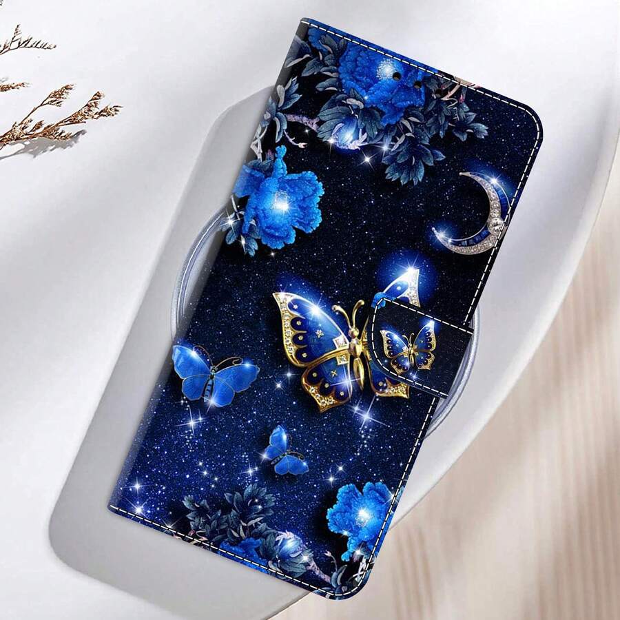 GLANDOTU Blue Leather Butterfly Pattern Galaxy Creative Colorful PU Leather Phone Wallet Bifold With Card Slots And Clip Comes With Lanyard Spring Gift,International Version, Not The Domestic Version - Multicolor - View 1
