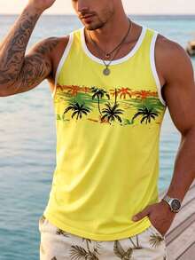 Men's Vacation Style Coconut Tree Print Tank Top, Summer Beach Casual Sleeveless Shirt - Yellow - View 4