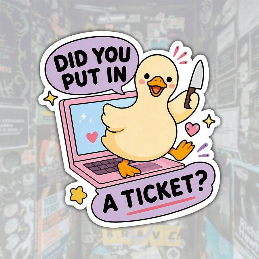 Did You Put In A Ticket Duck 趣味 IT 支援貼紙,可愛辦公室幽默 Helpdesk 金句設計,適用於筆電、筆記本、水壺、杯子、日誌、置物櫃,適合學生、教師、上班族、創意工作者與科技幽默愛好者的完美禮物 - 彩色 - 查看 1