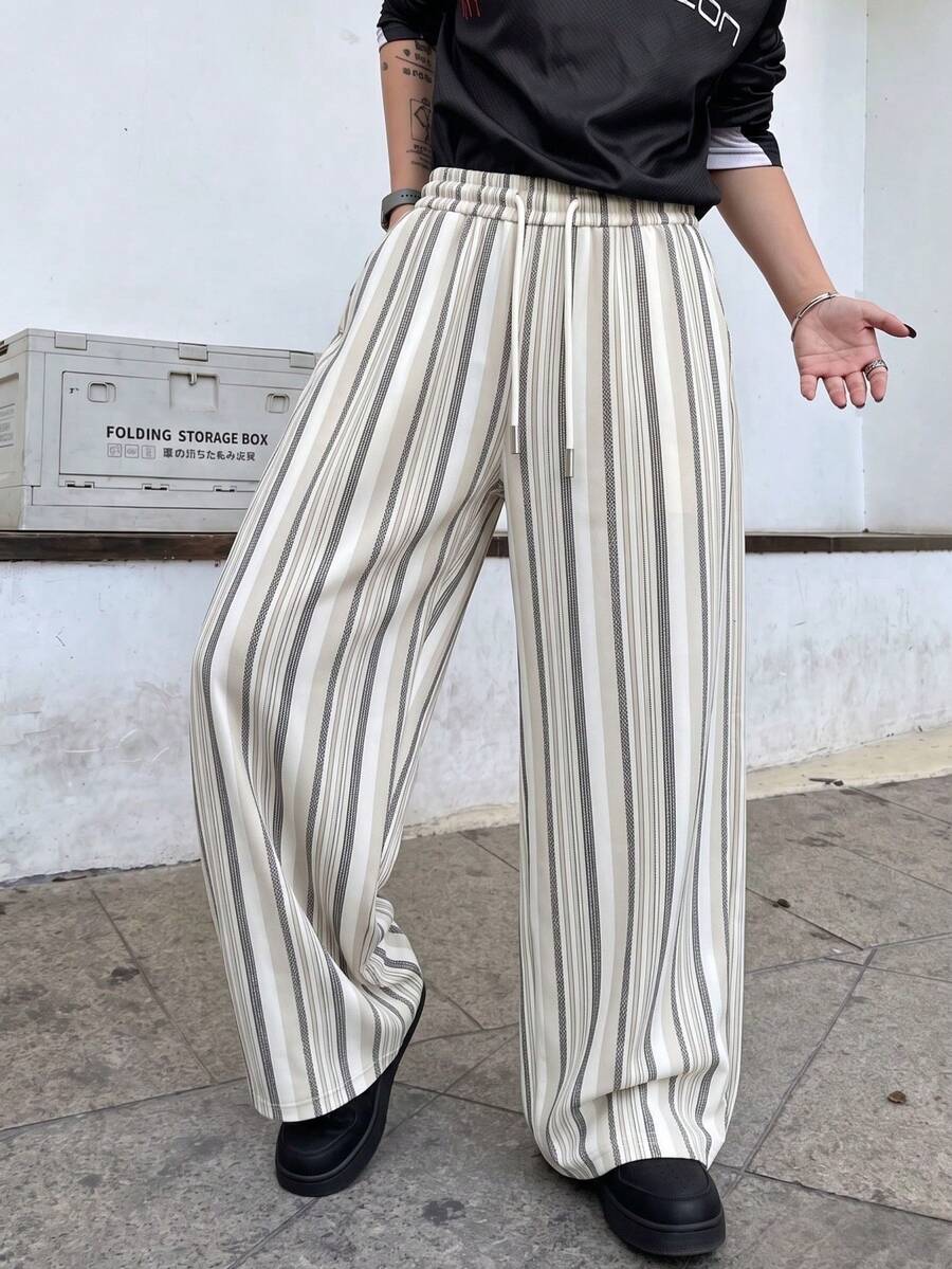 SU ER Men's Summer Striped Loose Drapey Casual Wide Leg Long Pants With Elastic Waist And Drawstring - Apricot - View 1