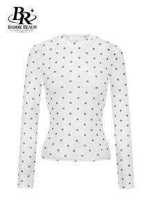 BADDIE REALM Atasan Jala Lengan Panjang Slim Fit Wanita Motif Polkadot, Elastis, Pakaian Dasar Sehari-hari - Putih - View 9