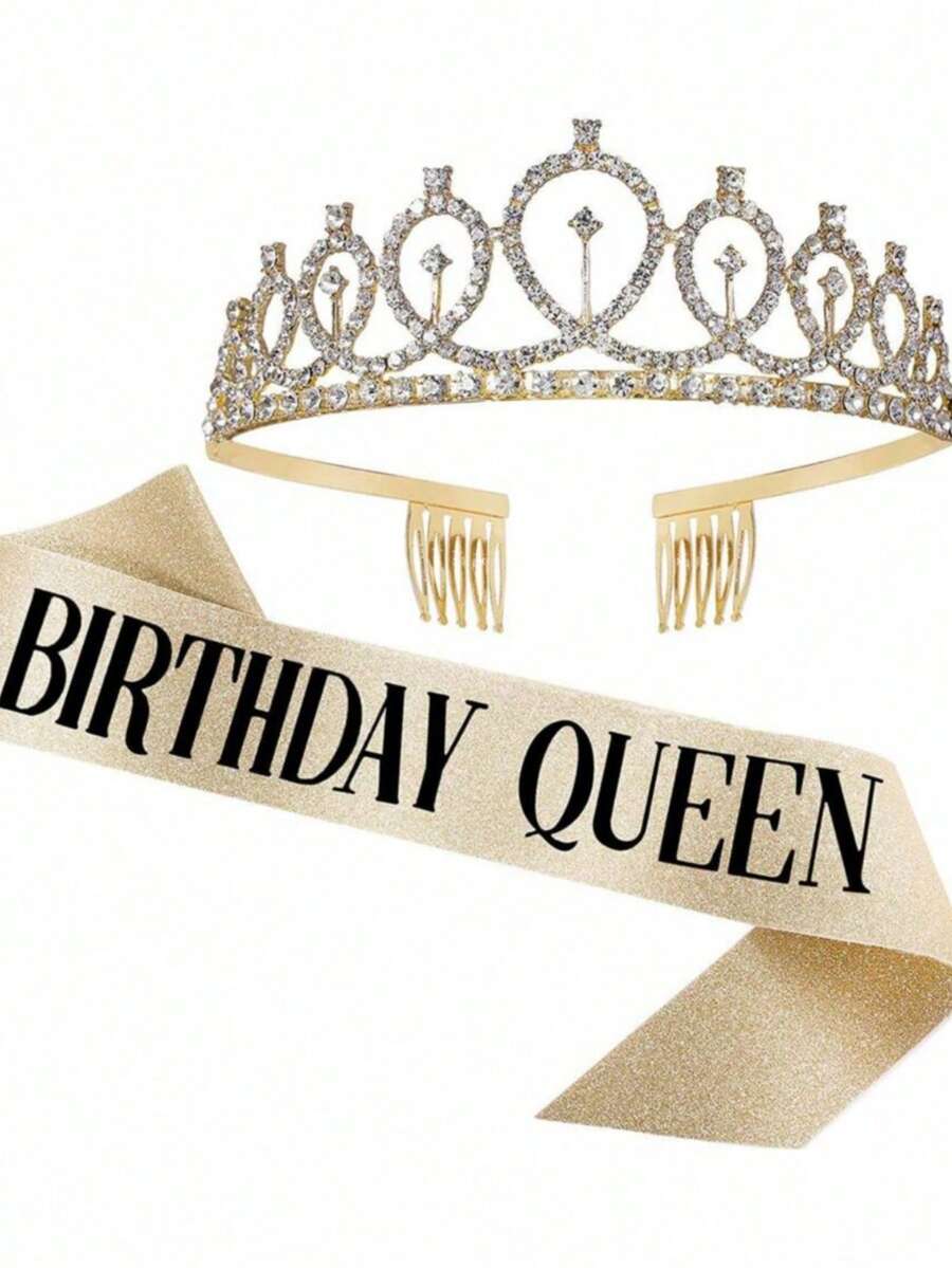 2件組皇冠生日裝飾，生日女王緞面肩帶，生日派對裝飾