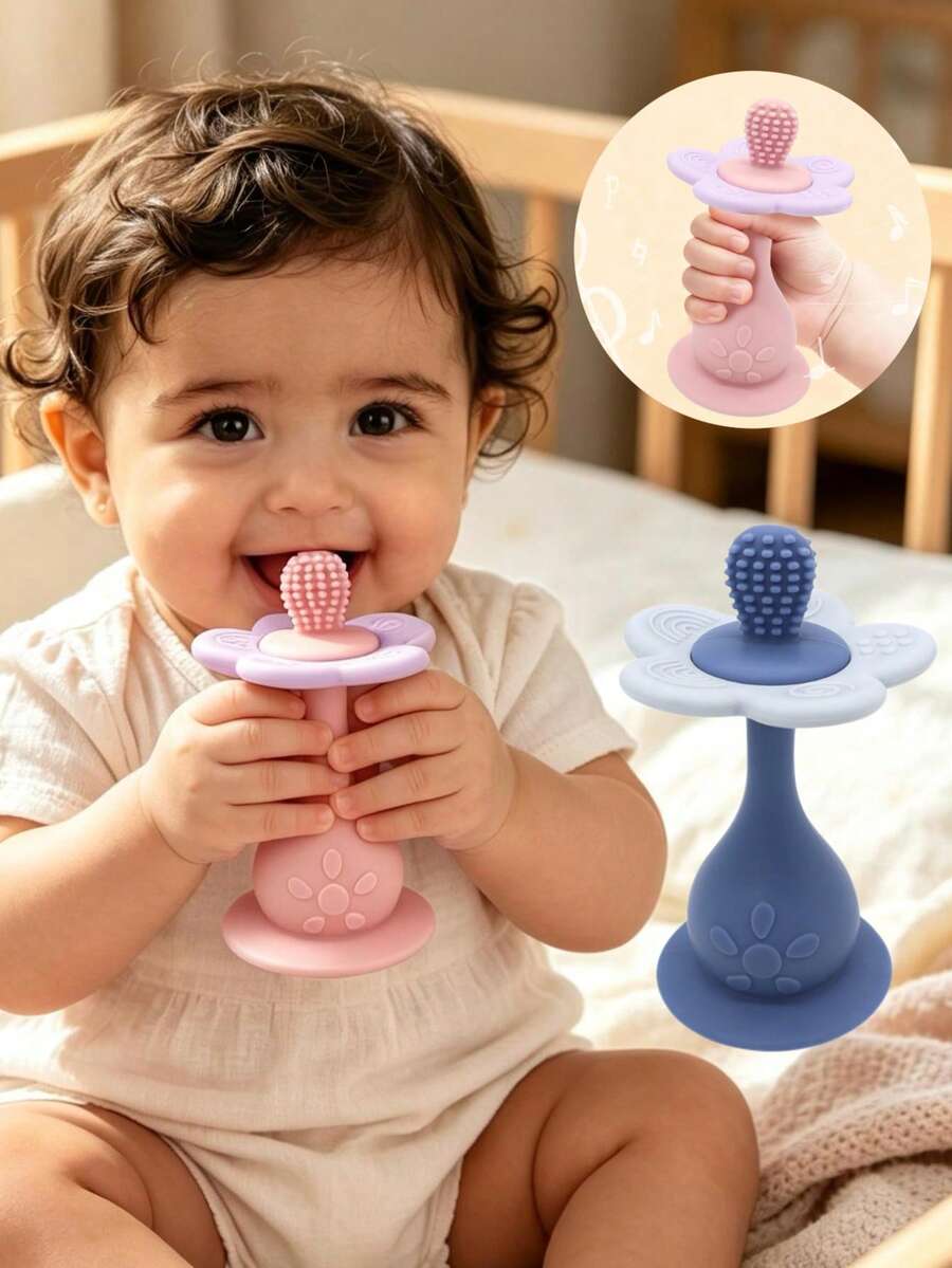 Juguete sonajero multifuncional de silicona, colores brillantes con sonajero, desarrolla las habilidades visuales y auditivas del bebé, juguete de dentición con múltiples puntos de masticación, base con ventosa, se puede usar en la silla alta como juguete de enfoque para la alimentación del bebé