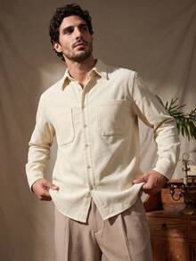 glestore Men's Retro-Style Solid-Color Long-Sleeve Corduroy Casual Shirt: Suitable For All Four Seasons-Perfect For Work, Leisure, And Vacations - Beige - View 3