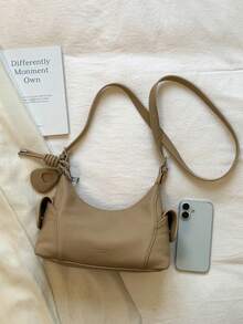 Tas Selempang Wanita Kasual Warna Khaki Muda dengan Kantong Samping dan Tali Bahu Lebar yang Dapat Diatur, Model Selempang, Cocok untuk Bepergian. - Khaki - View 9