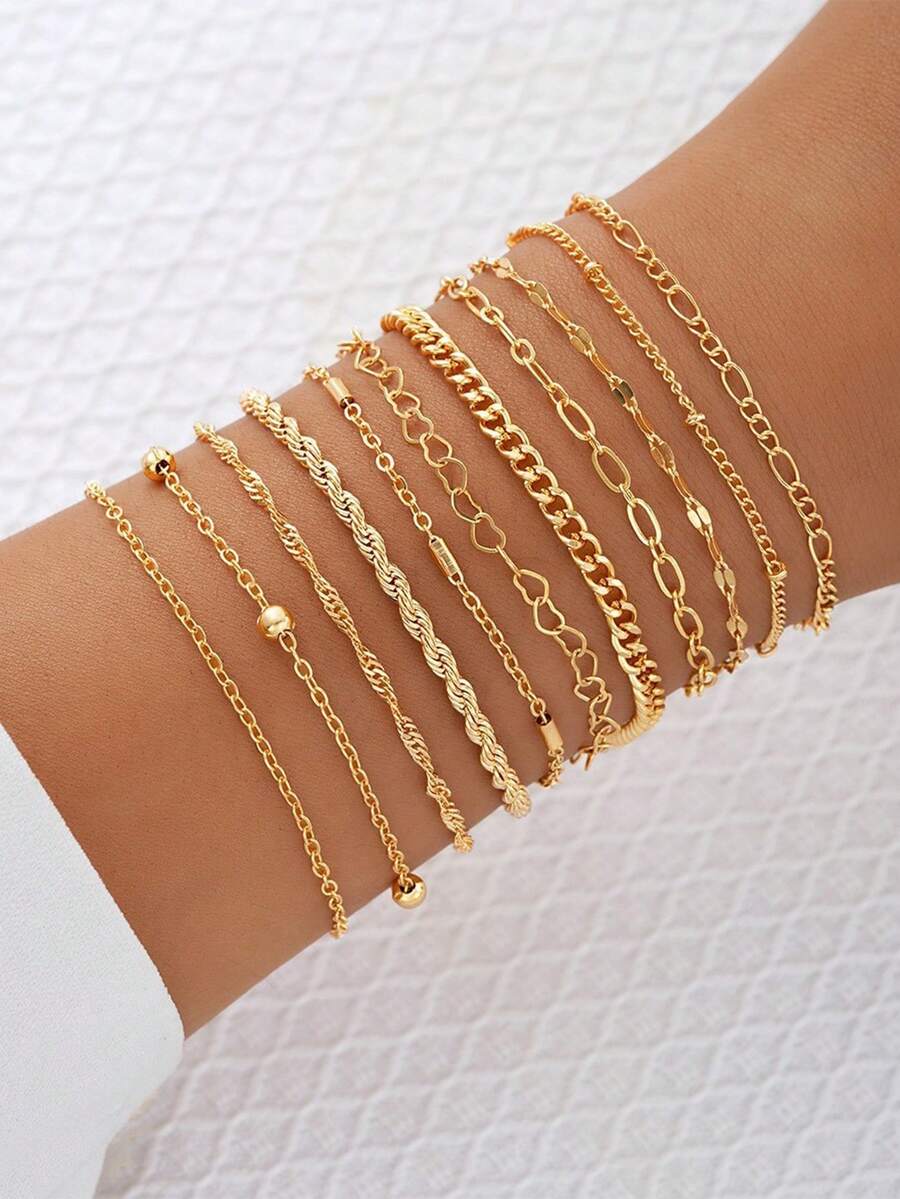 Set Gelang Emas Gaya Bohemian 11 Buah, Gelang Rantai Anyaman Berbentuk Hati Sederhana Kreatif untuk Wanita - Yellow Gold - View 1