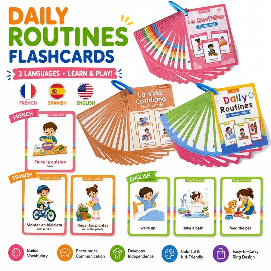Lachilly Montessori Toddler Daily Routine Flashcards | English French Spanish Trilingual Vocabulary Cards | Early Learning Educational Toy | Language Ability Development | Children's Flashcards | Teach English French Spanish
