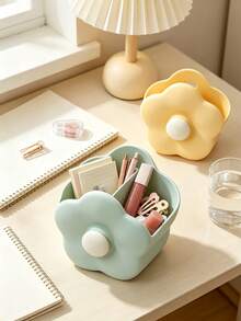 1pc Cute Cartoon Floral Wall Mounted Plastic Storage Box, Multifunctional Holder For Makeup Brushes, Combs And Toothbrushes, Pastel Color Household Organizer For Bathroom Vanity Desktop, All Season Indoor Daily Use With Drainage Hole Design - Multicolor - View 3