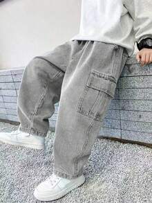 Straight Leg Fashion Casual Denim Jeans, Suitable For Boys, Street Style - Grey - View 1