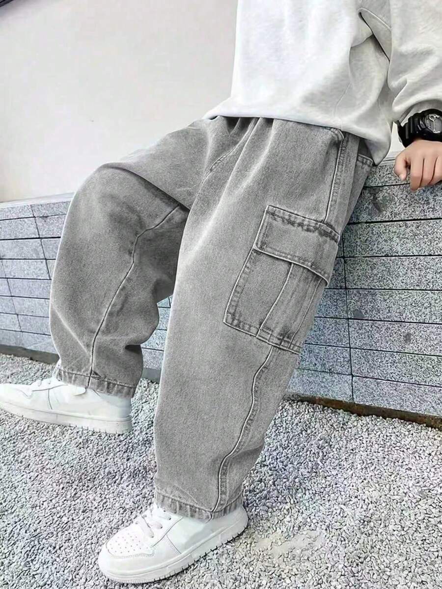 Straight Leg Fashion Casual Denim Jeans, Suitable For Boys, Street Style - Grey - View 1