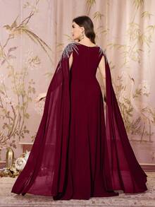 SUPGIR Round Neck Leaf Pattern Heavy Beaded Embroidery Decorated Elegant Chiffon Formal Evening Gown - Burgundy - View 2