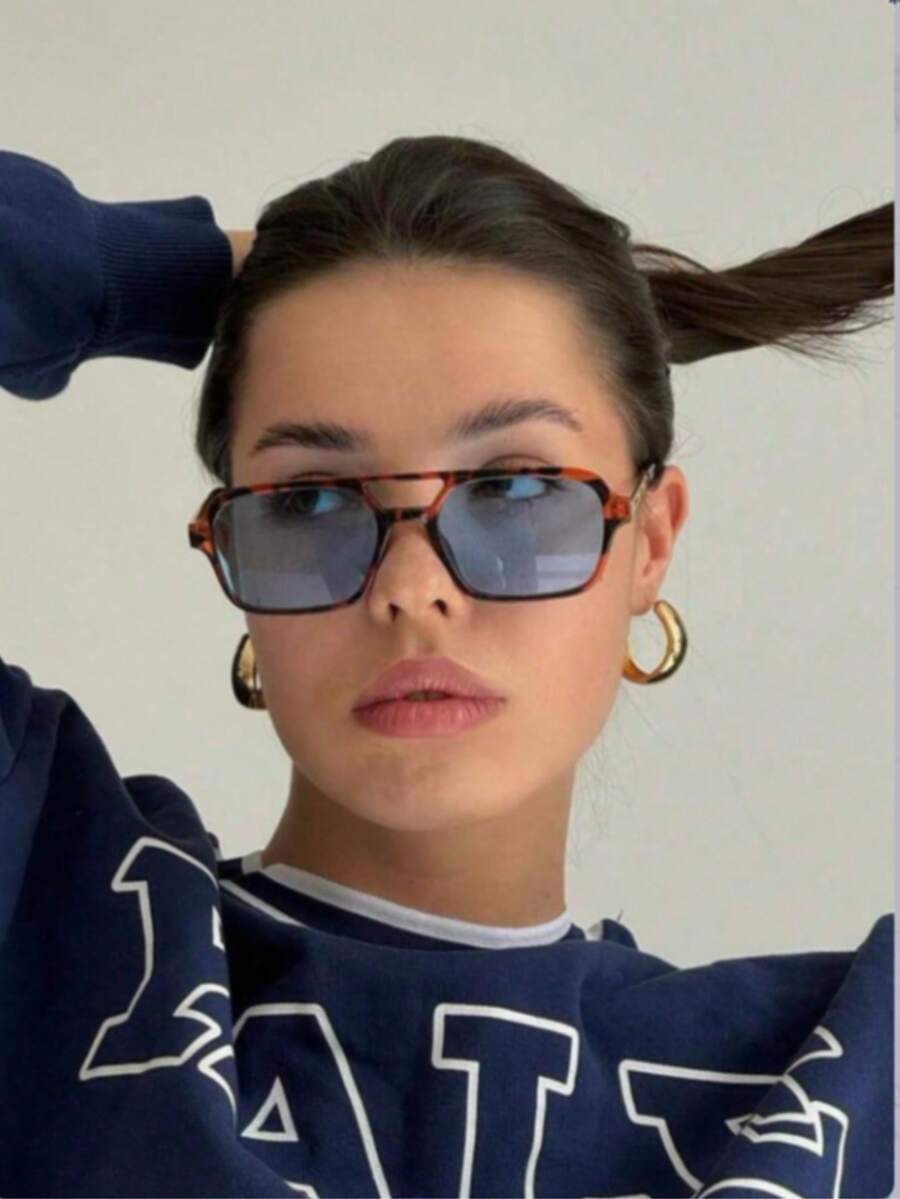 70s Retro Aviator Sunglasses, Straight Frame, Unisex, Square Metal Design, UV400 Protection. - 彩色 - 查看 1