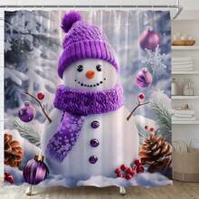 Christmas Snowman Shower Curtain Cute Purple Snowman Xmas Ball Snow Winter Holiday Fabric Bathroom Decor Set With Hooks, 70" WX70 H - Purple White - View 4