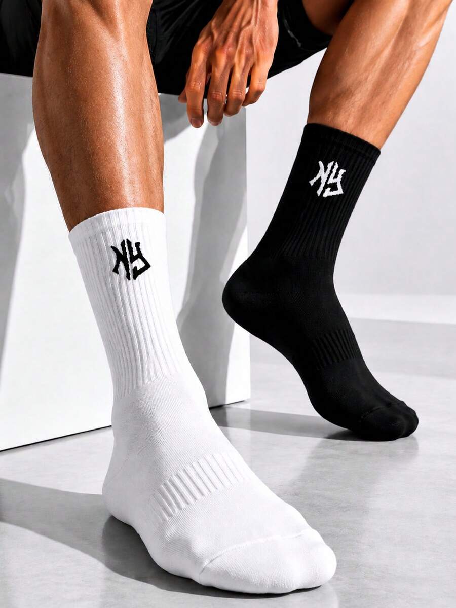 1/3/6/10 Pairs Black & White Ribbed Geometric Pattern Sports Socks, Football Socks, Basketball Socks, Running Socks, Unisex - Multicolor - View 1