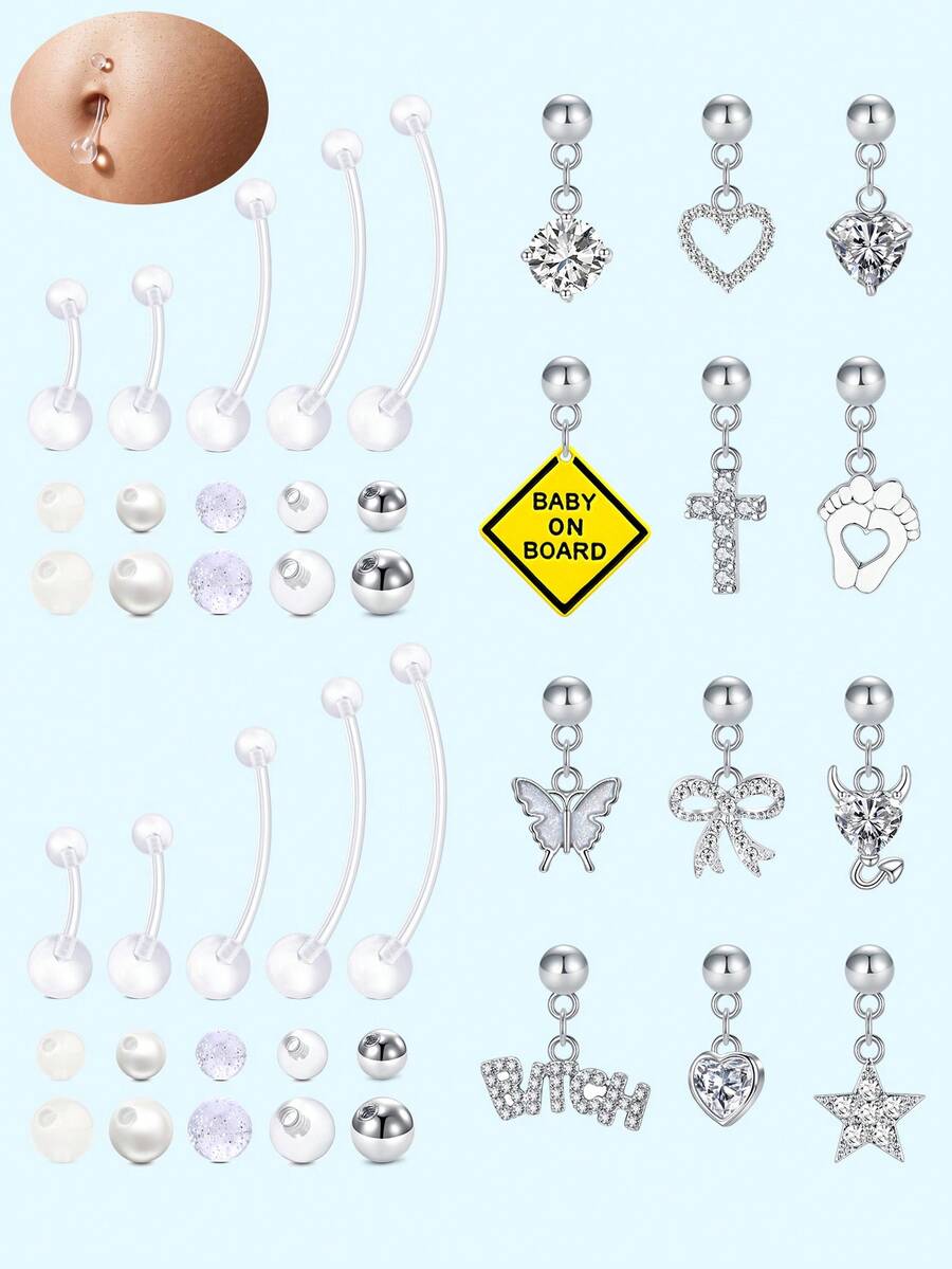 17Pcs/Set 14G Pregnancy Belly Button Rings Flexible Maternity Belly Button Rings Clear Long Bar Pregnancy Belly Rings Cute Sport Navel Rings For Women - Clear - View 1