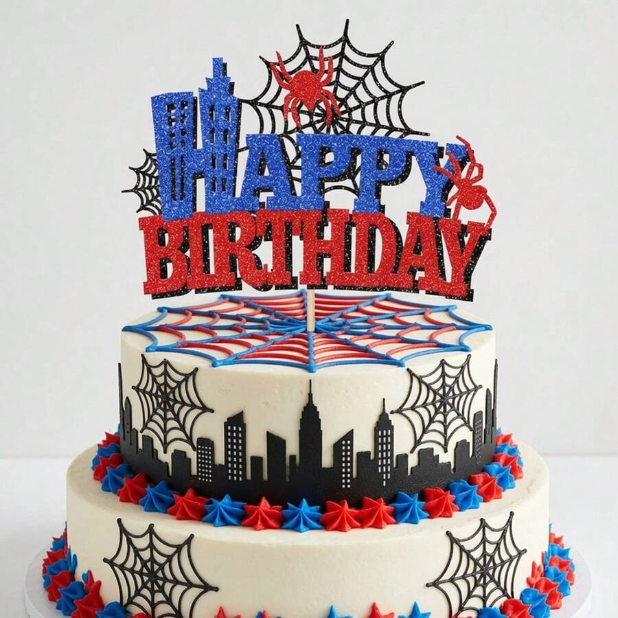 1pc Glitter Hero Theme Cake Topper, Superhero City Skyline Birthday Party Decoration, Shiny Spider Web Cake Insert, Suitable For Boys Birthday Party - Multicolor - View 1