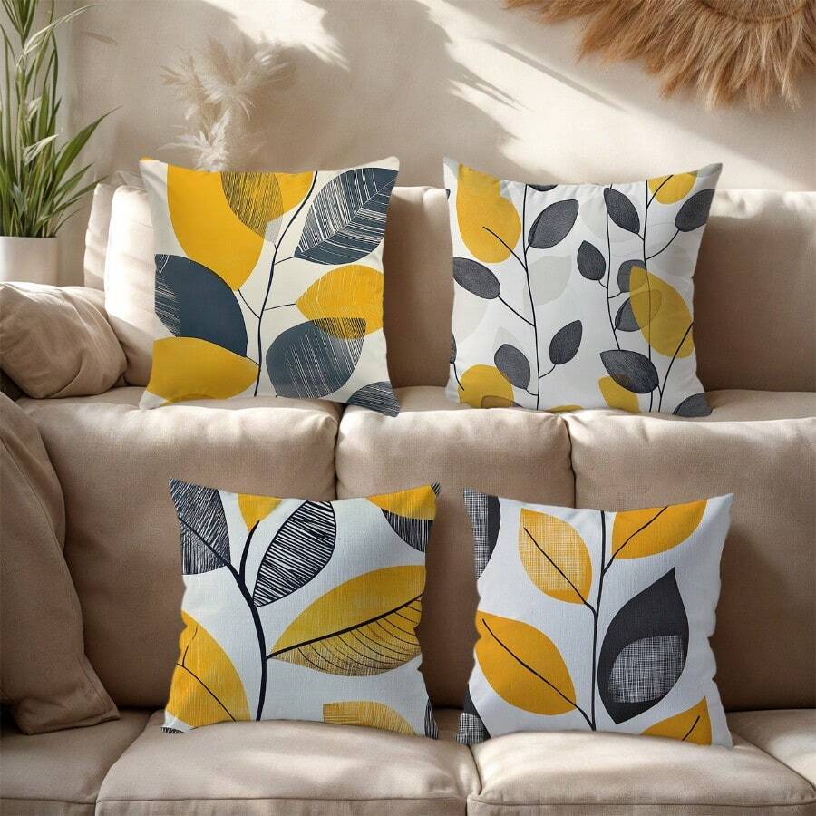 4 pezzi di federe per cuscini stile bohémien con sfondo grigio e foglie arancioni, morbido motivo a venature fogliari, decorazione per la casa adatta per primavera estate autunno inverno, adatte per divano, camera da letto, soggiorno, federe per cuscini stile bohémien, stampa su entrambi i lati, inserto per cuscino non incluso - Multicolore - Visualizzare 1