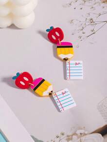 1 Pair European & American School Student Acrylic Pencil Rainbow Ruler Heart Notebook Kids Earrings Studs - A - View 3