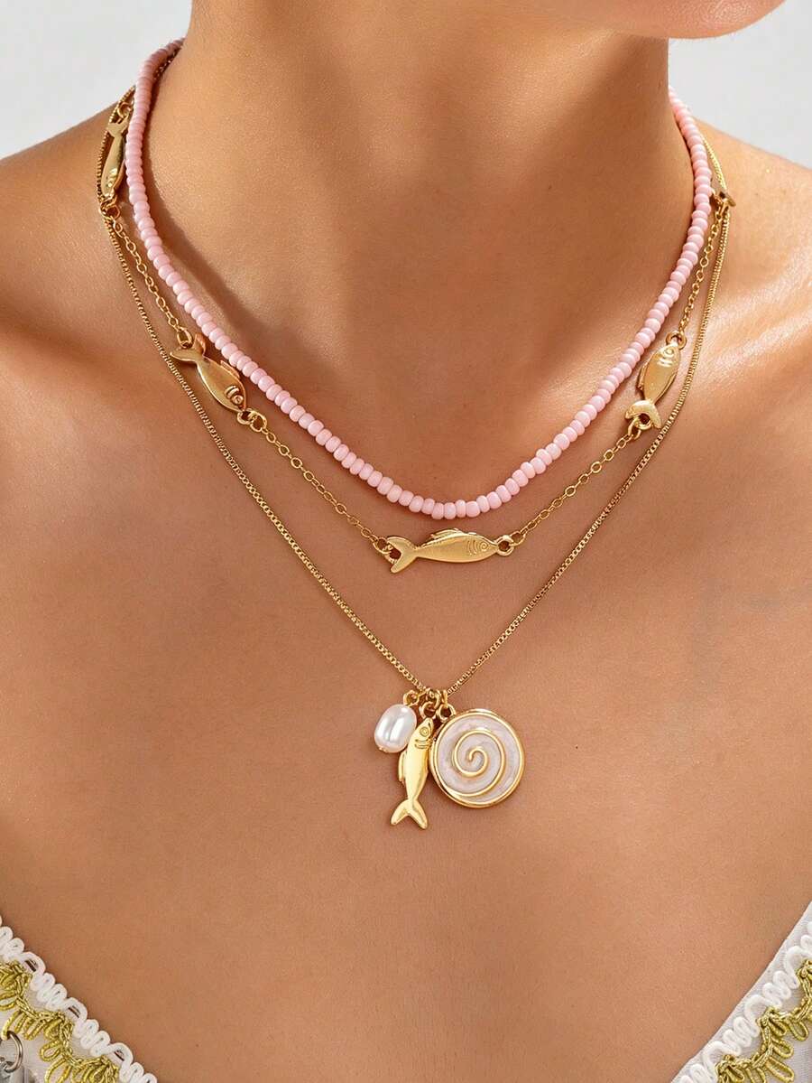 3pcs Bohemian Vacation Style Ocean Series Multi-Element Beaded Fish Pendant Necklace Set For Women Summer Clothing - Pink - View 1