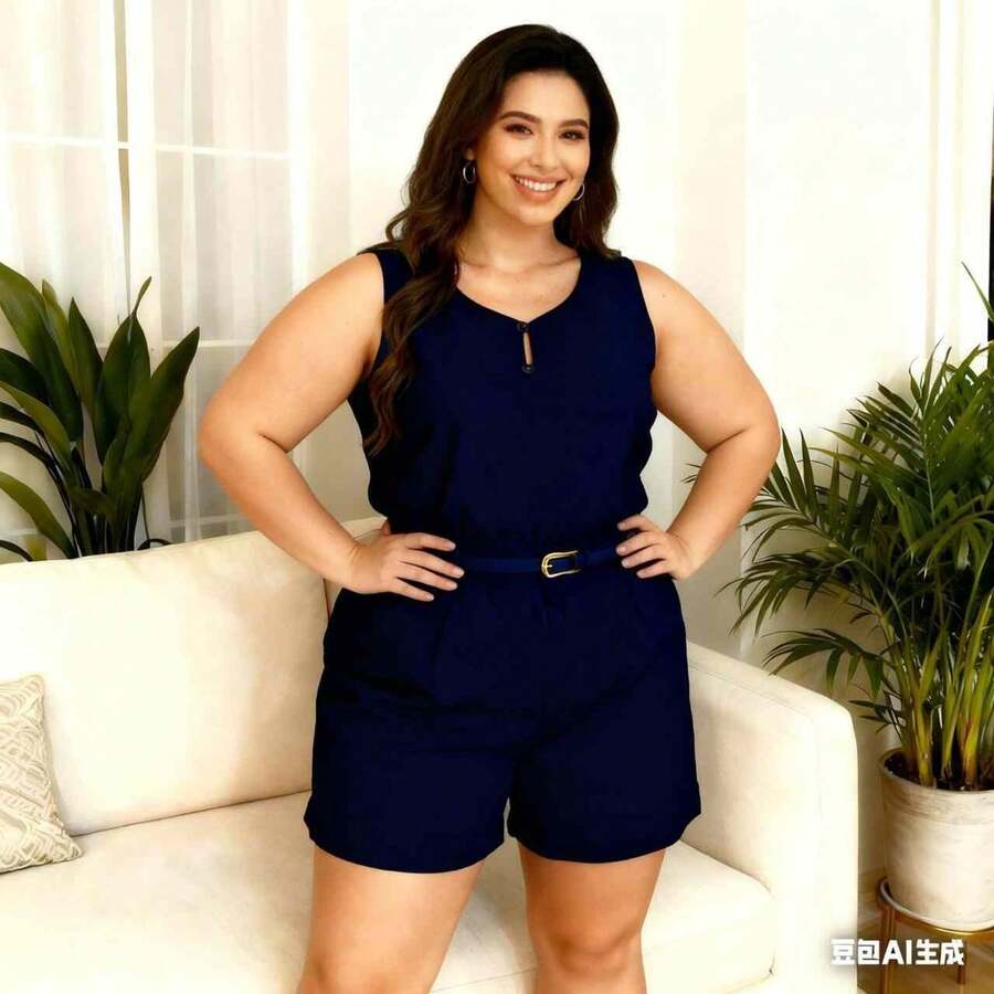 Plus Size Women's Set With Belt, Simple Casual, Tailored Fabric, Spring/Summer - 藏蓝色 - 查看 1