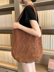 Large Capacity Hollow Knitted Tote Bag, Women's Lightweight Breathable Solid Color Woven Handbag, Suitable For Beach Travel Holiday Vacation Essentials - Brown - View 6