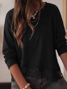 Plus Size Women Solid Color Contrast Lace Hem Long Sleeve Top - Black - View 3