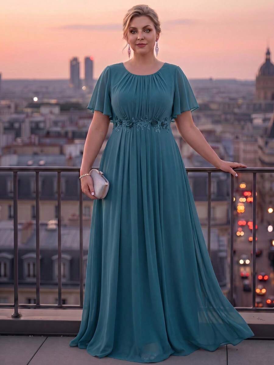 EVERPRETTY Elegant Teal Chiffon Wedding Guest Dress Party Fall - Teal Blue - View 1