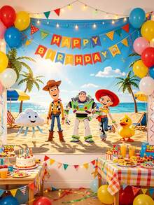 Disney 熱帶海灘生日派對背景布，椰子樹海洋全角色生日橫幅印刷攝影背景幕簾，抗皺加厚聚酯纖維材質，高畫質鮮豔生動角色印花 - 多款 - 查看 1