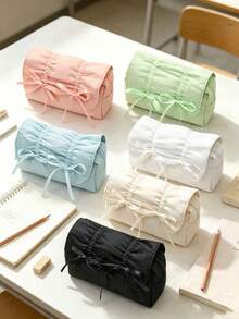 Ballet Style Light Blue Bow Drawstring Pencil Case, Large Capacity Stationery Storage Bag, Elegant Bow Decoration, Smooth Polyester Fabric, Minimalist Sweet Style, All Season, Unisex Adult, Suitable For School, Office, Travel And Daily Use - Multiple Styles - View 8