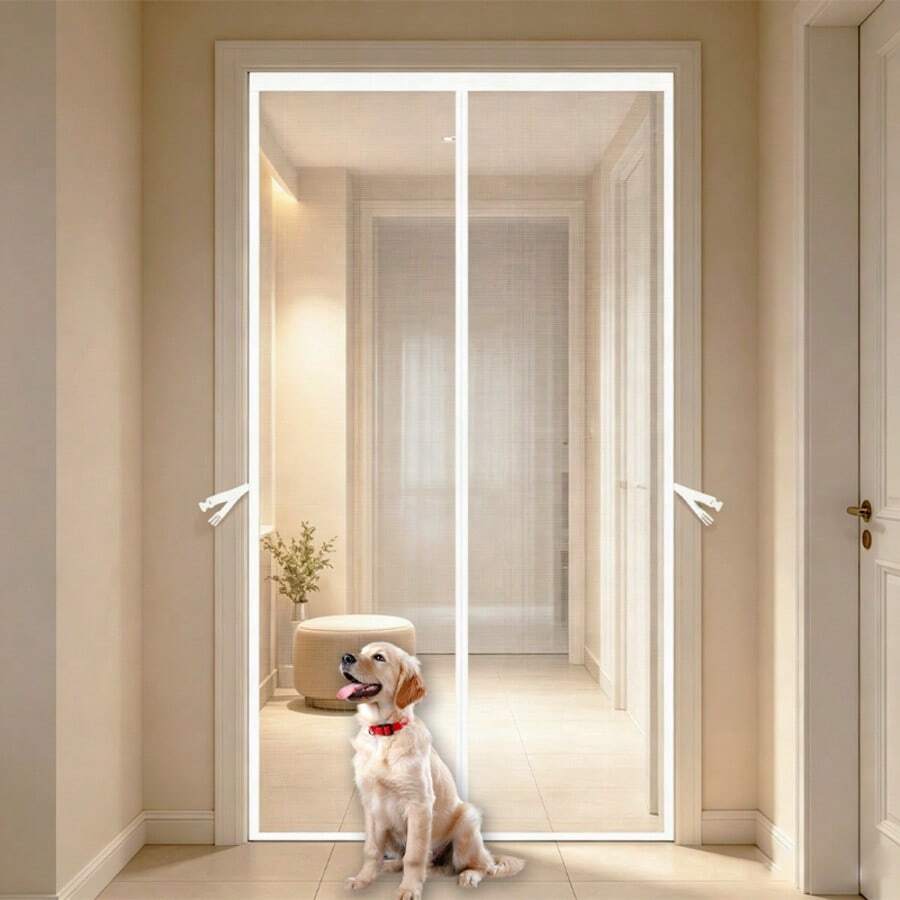 White Fiberglass Magnetic Screen Door With Reinforced Magnets & Weighted Bottom, Widened Top Frame Auto Quiet Close Mesh Curtain, Hands-Free Pet Friendly Mosquito Barrier, Durable Fiberglass Mesh Door Screen For Home Entrance