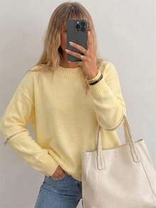 Women's Round Neck Loose Knit Sweater, Zipper Decor Long Sleeve Pullover - Yellow - View 1