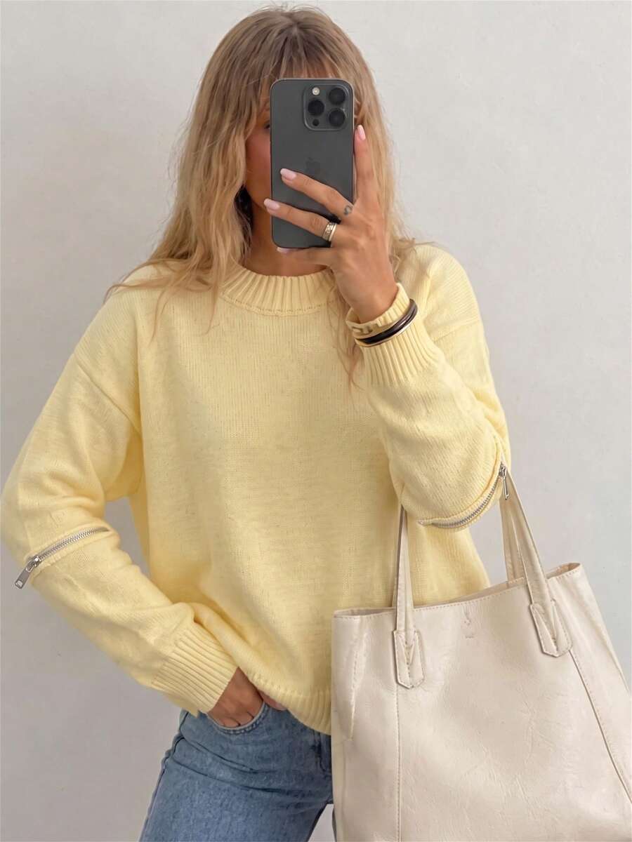 Women's Round Neck Loose Knit Sweater, Zipper Decor Long Sleeve Pullover - Yellow - View 1