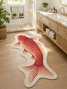DAJIANG 1件裝紅色錦鯉魚不對稱造型地毯，廚房長條地毯，適用於浴室、廚房、戶外、室內、走廊、臥室、客廳、床邊，可機洗易清潔，防滑底墊 - 金鱗紅鯉 - 查看 5