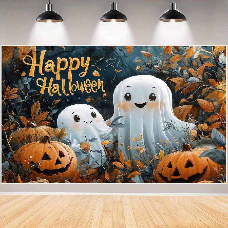 1件 Happy Halloween 背景布 可愛搞怪幽靈南瓜 Trick Or Treat 萬聖節派對背景橫幅 生日派對裝飾 拍照背景布 相片亭道具 - 查看 1