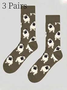 中性款巴哥犬印花中筒襪 (1/3雙)：深棕色底色 + 可愛巴哥犬圖案 | 吸汗防臭、柔軟可愛！巴哥犬/寵物愛好者的理想禮物 (適合男女) - 寵物聚會/日常休閒穿著完美選擇 - 彩色 - 查看 8
